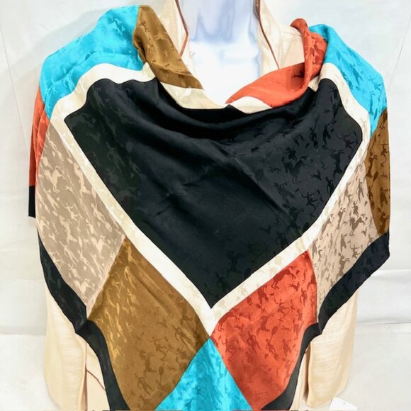 Yves Saint Laurent YSL 100% Silk Satin Scarf 34" Color Block BlackBrown Blue (76 - Picture 8 of 16
